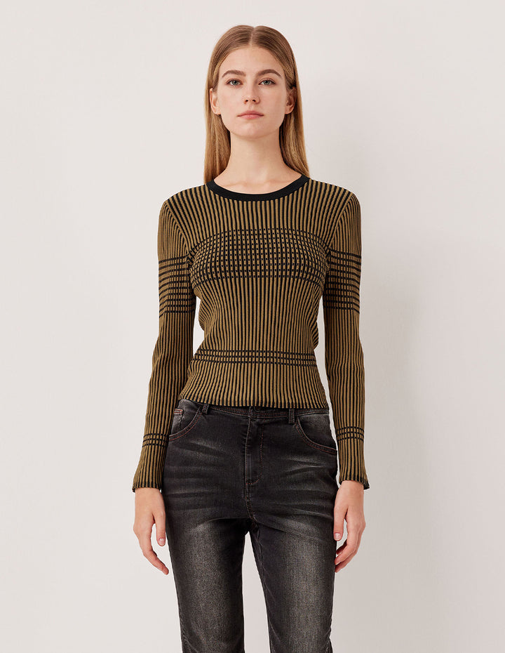 MARYLING Slim Fit Round Neck Black Stripe Long Sleeve Knit Pullover
