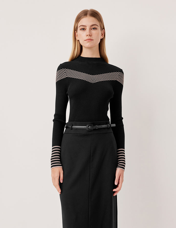 MARYLING Half-Turtleneck Long-Sleeve Diamond Pattern Fitted Knit Pullover