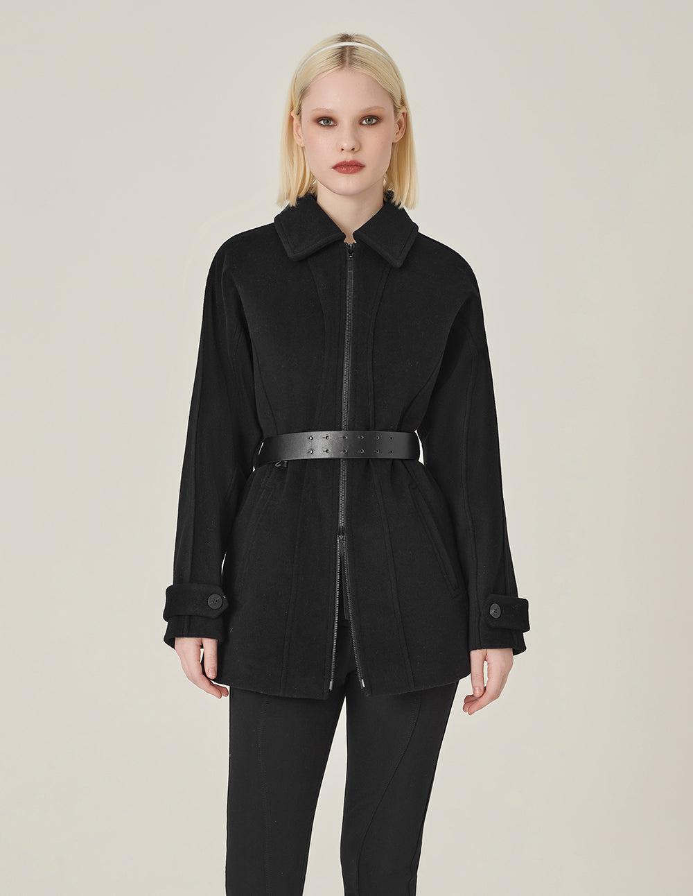 MARYLING Black Lapel Zipper Design Belted Double-Faced Coat
