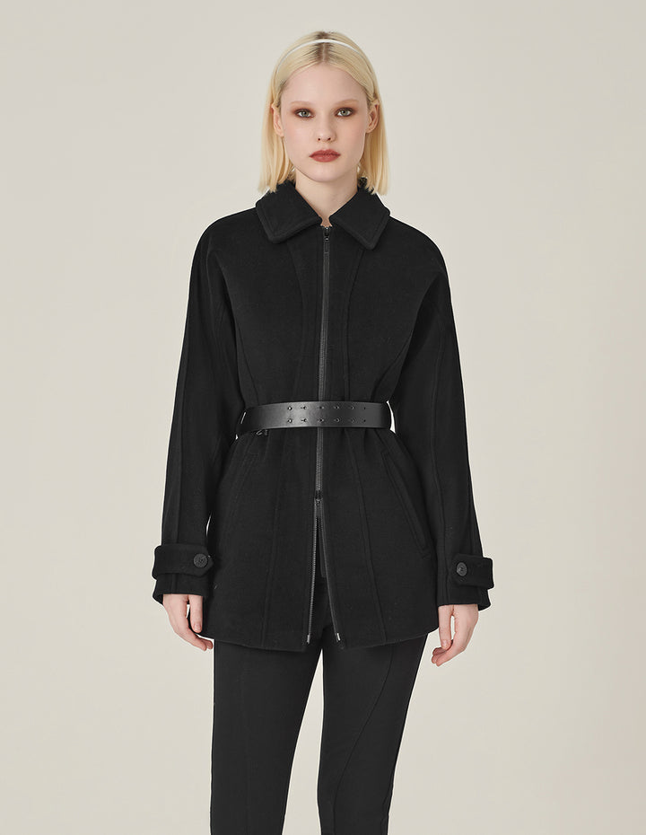 MARYLING Black Lapel Zipper Design Belted Double-Faced Coat