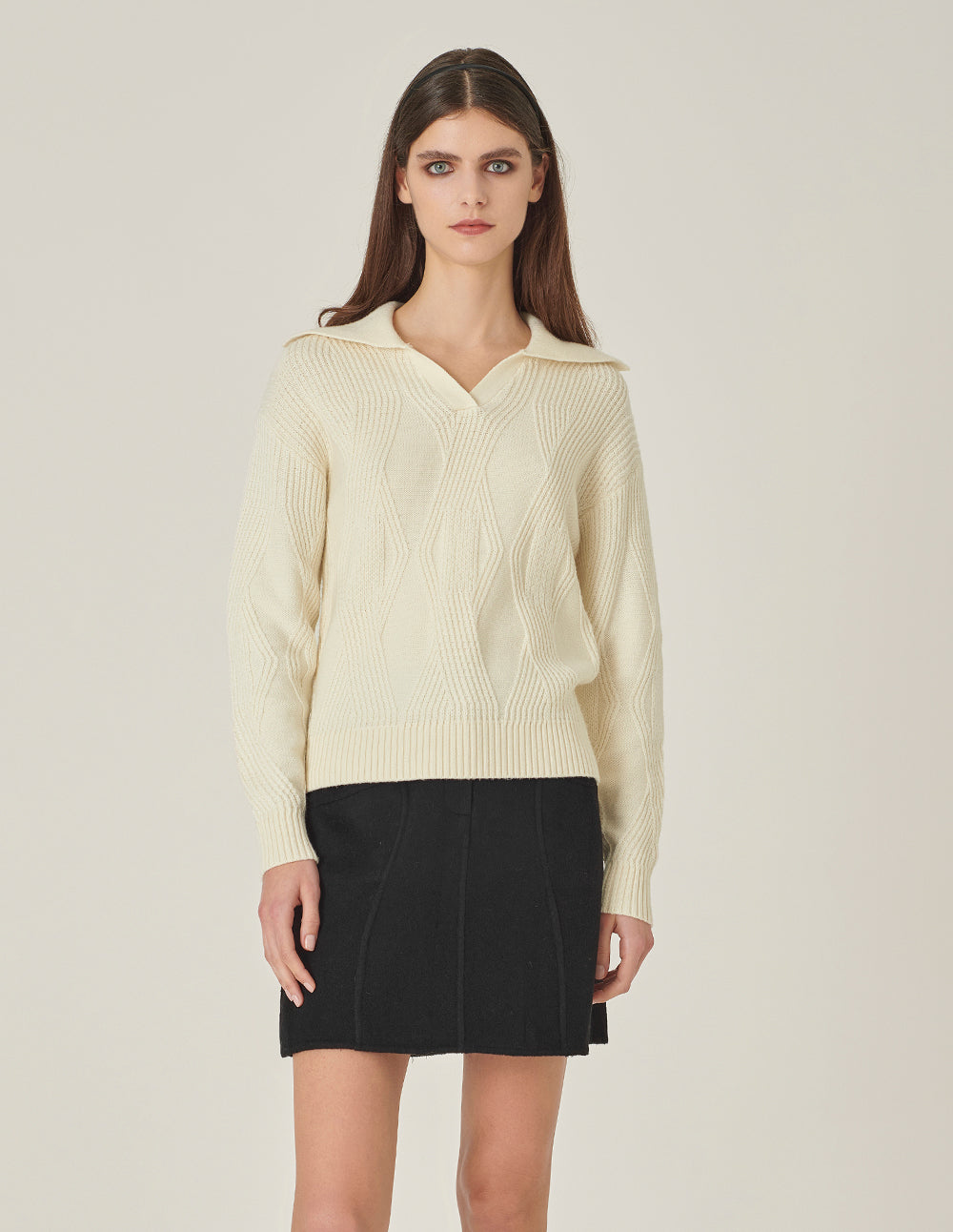 MARYLING Lapel Collar Long-Sleeve Cream-Colored Knitted Pullover