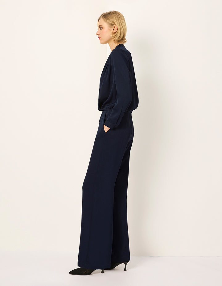 MARYLING Dark Blue Elastic Waist Straight Wide Leg Pants