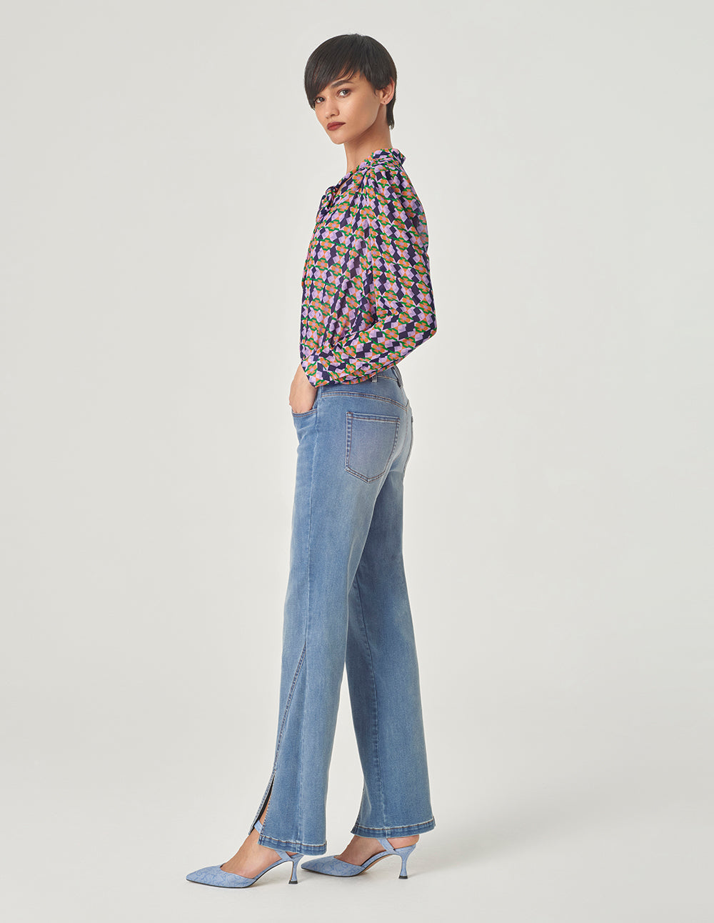 MARYLING Checked Georgette Print Long Sleeve Blouse