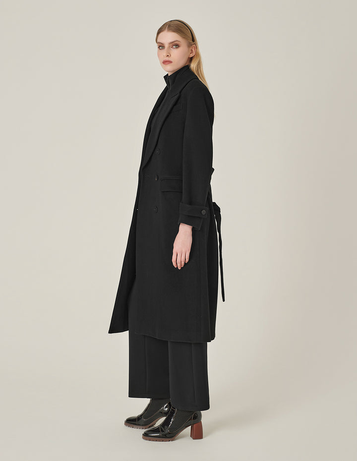 MARYLING Black Notched Lapel Wrap H-Shaped Belted Wool Coat