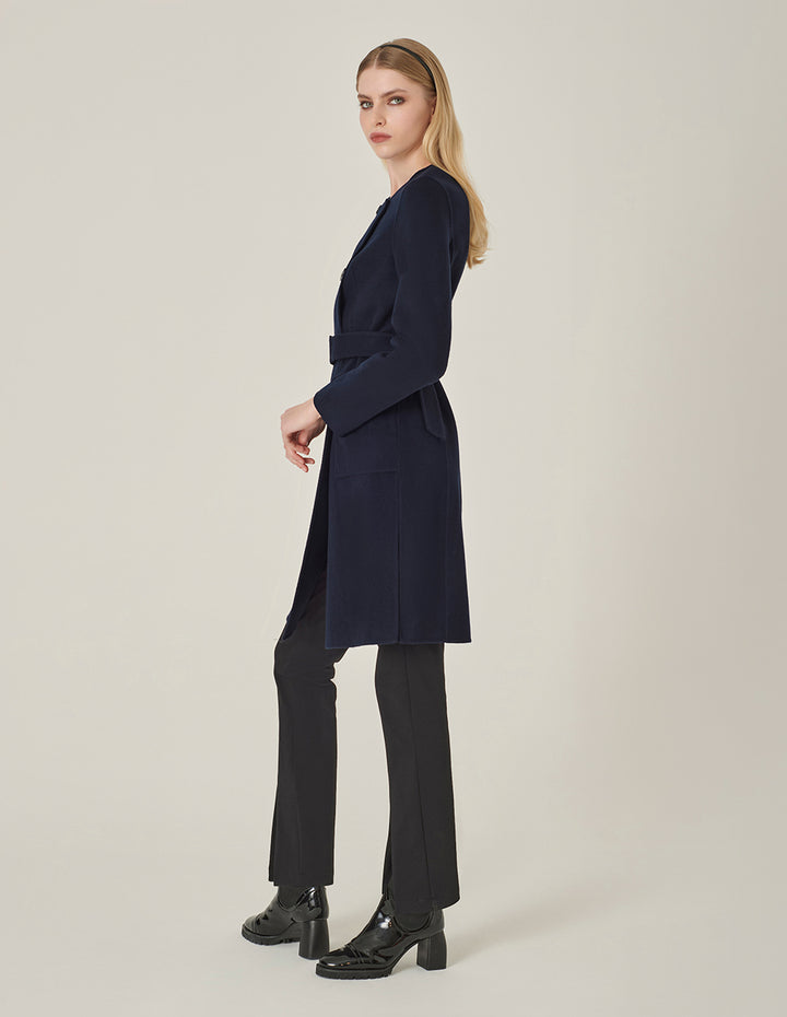 MARYLING Dark Blue Collarless Double-Breasted Coat