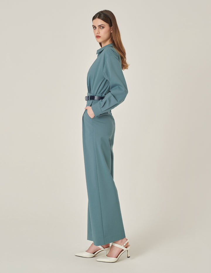 MARYLING Mist Blue Deep V Shirt Collar Wide Leg Jumpsuit