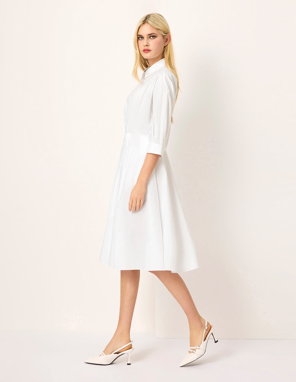 MARYLING Batwing-Sleeve Pleated Waist Midi Shirt Dress