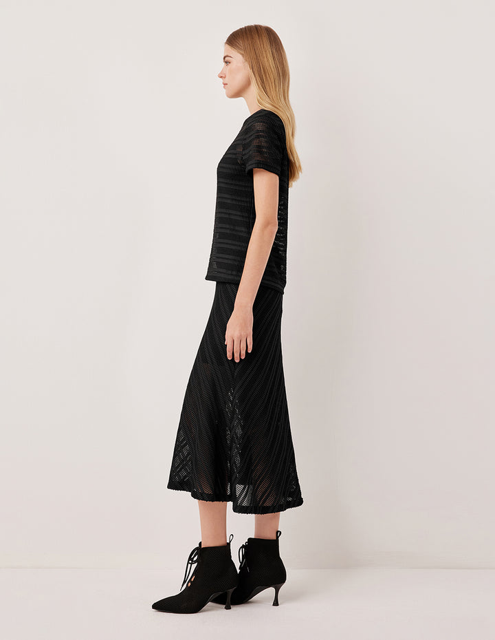 MARYLING Black Diagonal Texture Sheer Pleated Knit Knee-Length Skirt