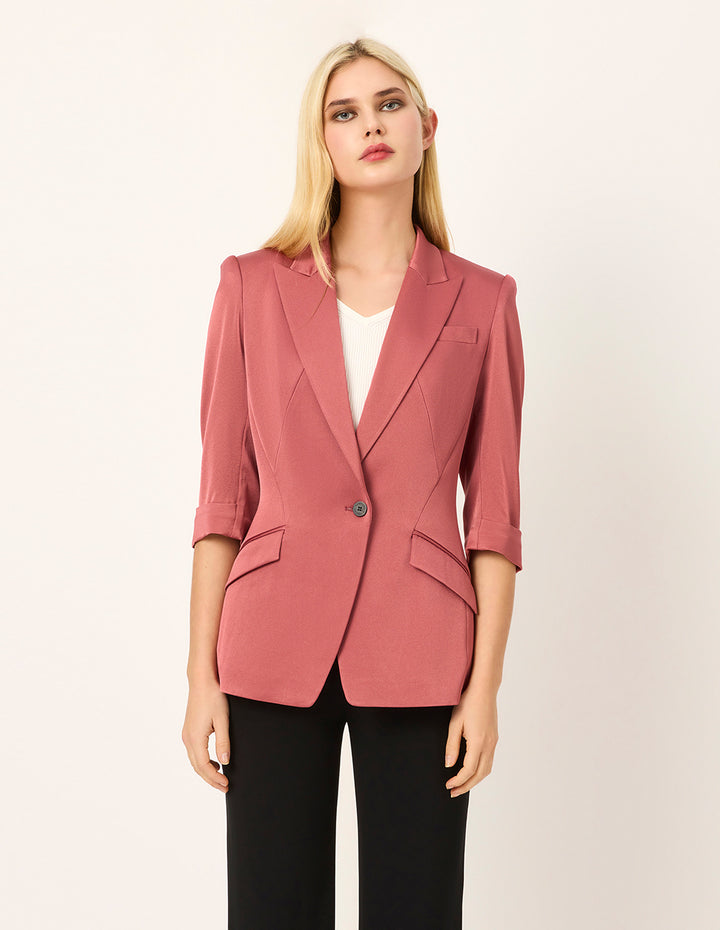 MARYLING Peaked Lapel Single-Button 3/4-Sleeve Lightweight Acetate Office Chic Blazer