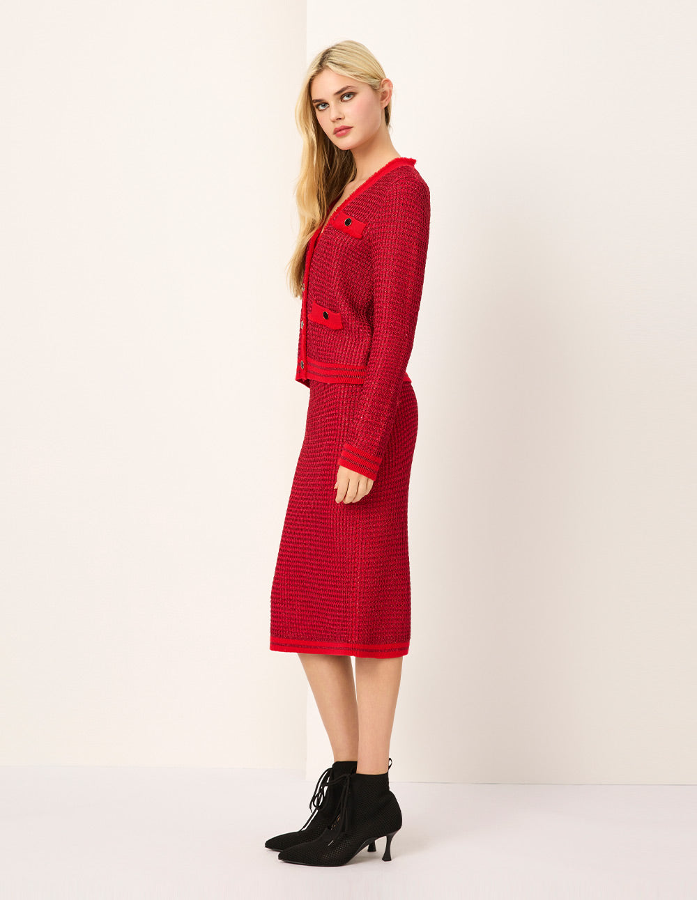 MARYLING Bright Red Mutil-Pockets Cropped Knit Cardigan