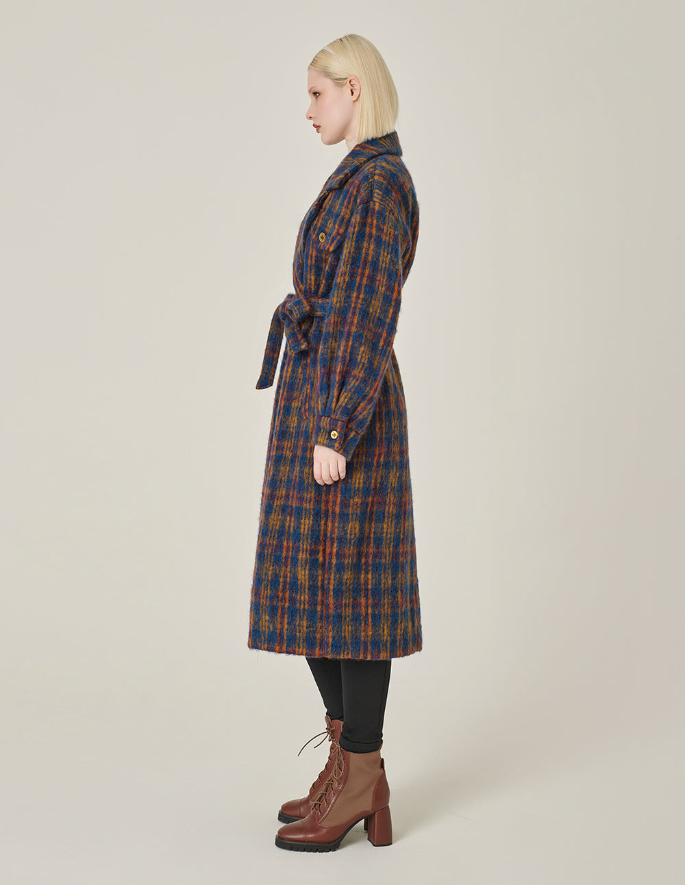 MARYLING Lapel Double-Breasted Red & Blue Plaid H-Shaped Coat