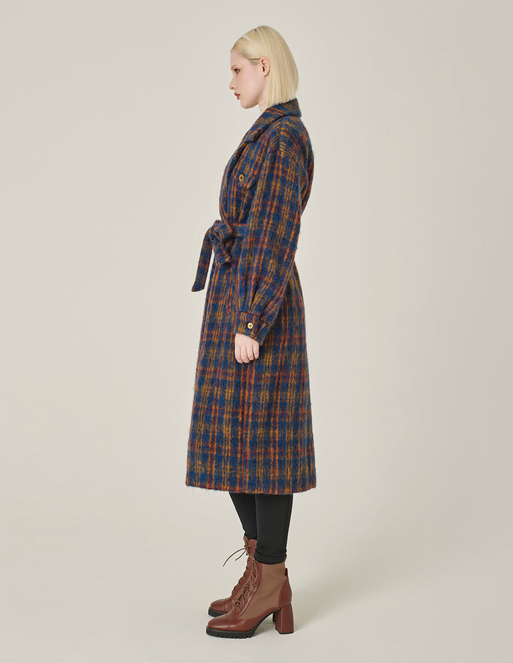 MARYLING Lapel Double-Breasted Red & Blue Plaid H-Shaped Coat