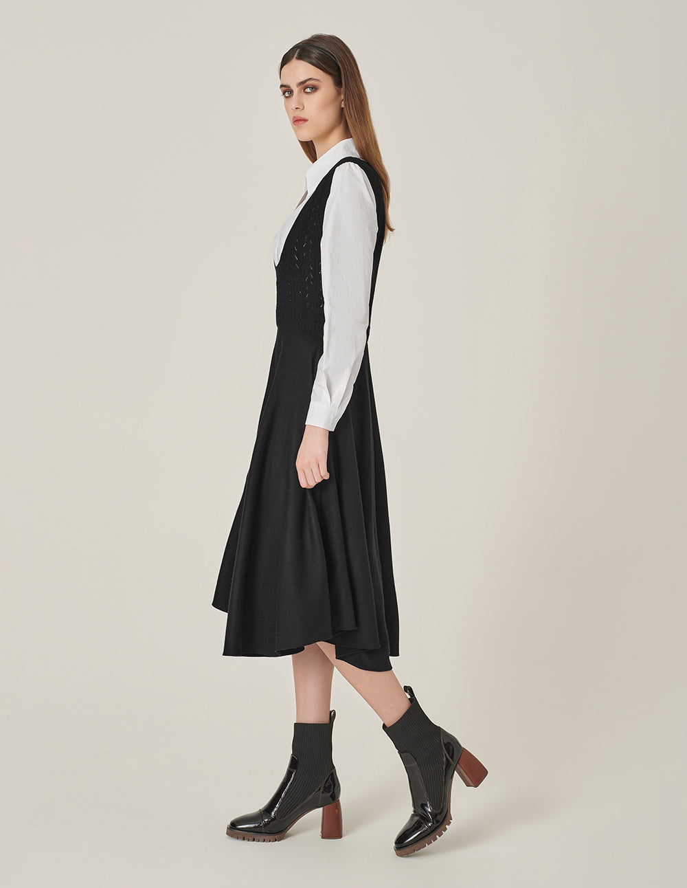 MARYLING Black & White Patchwork Midi Pleated Shirt Dress