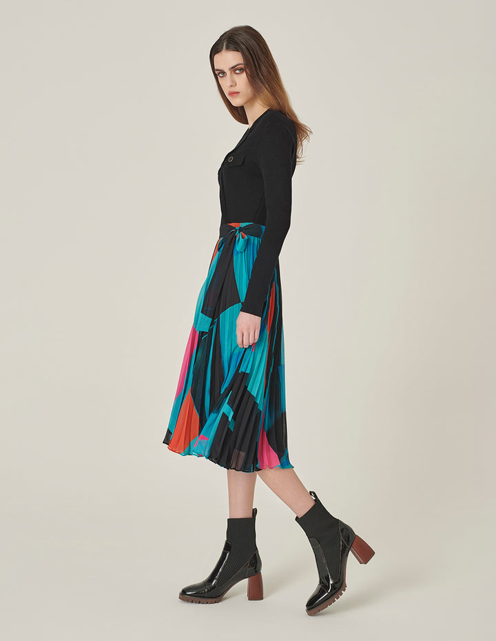 MARYLING Lapel Knitted Patchwork Printed Pleated Midi Dress