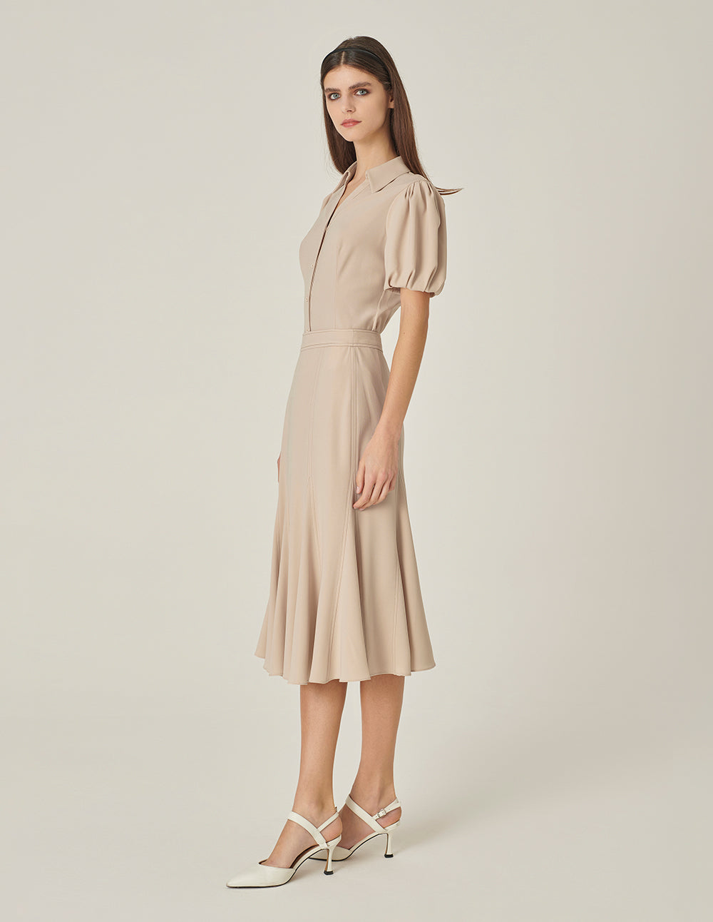 MARYLING V-Neck Puff Sleeve Waist Apricot Top