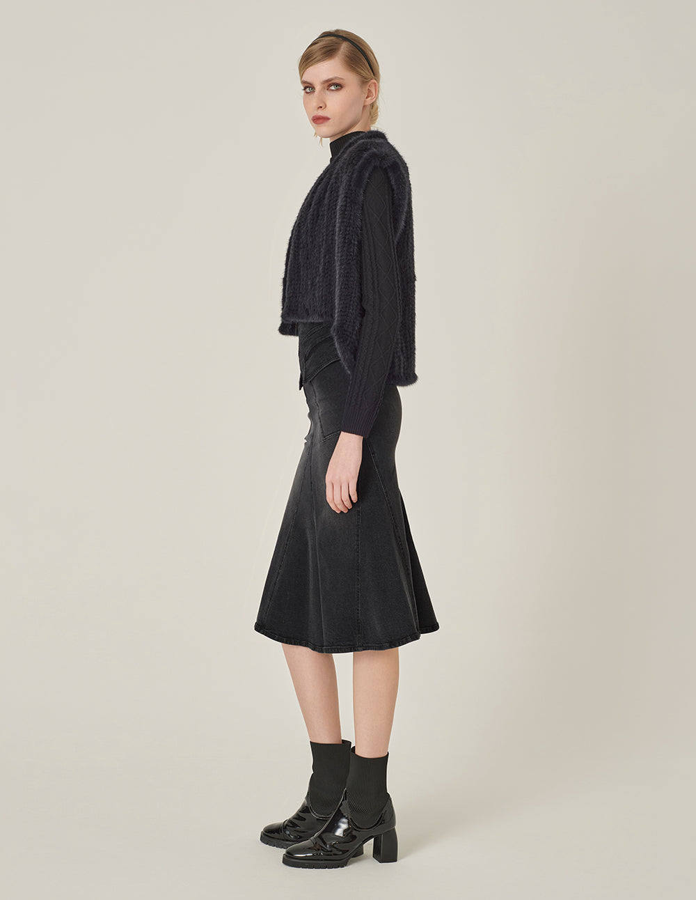 MARYLING Smoke Black Washed Denim Fishtail Knee-Length Skirt