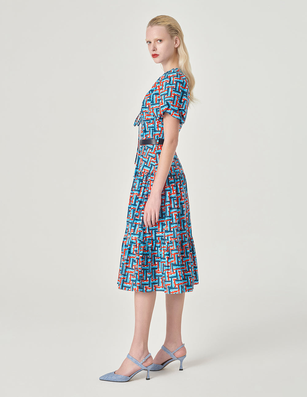 MARYLING Plaid V-Neck Puff Short Sleeve A-Hem Dress