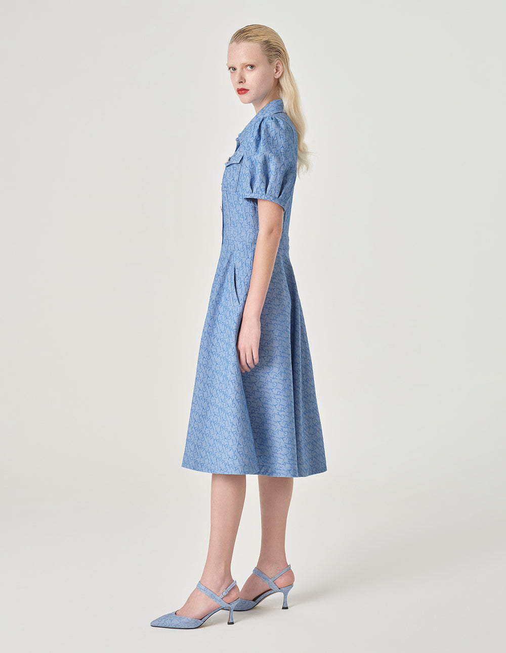 MARYLING Logo Jacquard Denim Short Sleeve Dress
