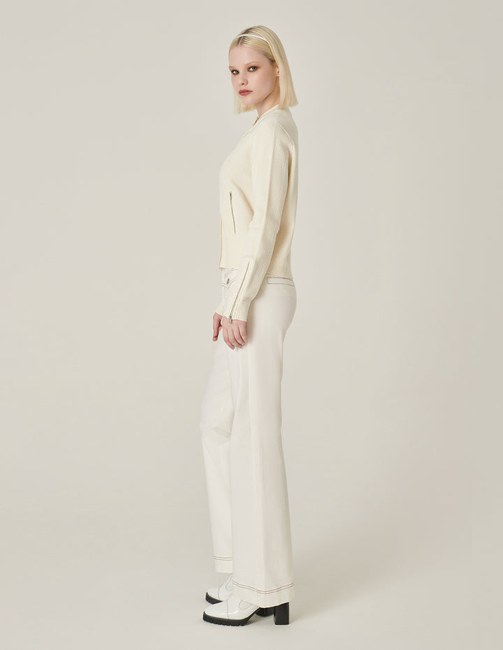 MARYLING White Round Neck Long-Sleeve Zipper Knit Cardigan