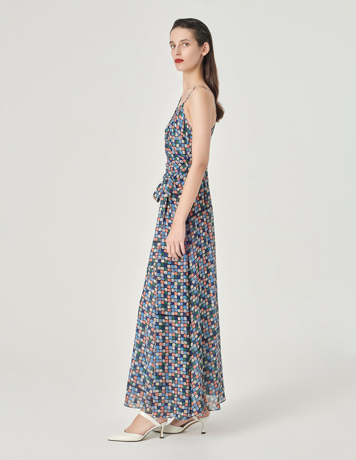 MARYLING Asymmetrical V-Neck Tie-Waist Plaid Print Maxi Dress
