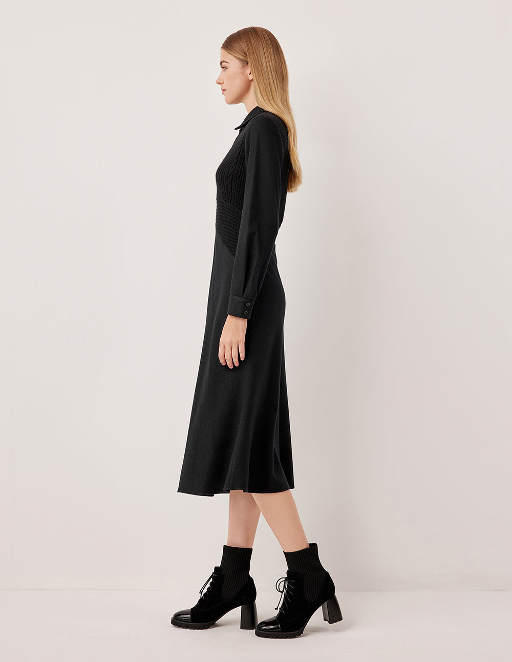 MARYLING Collar Pleated Shirt Dress Patchwork Knit Vest