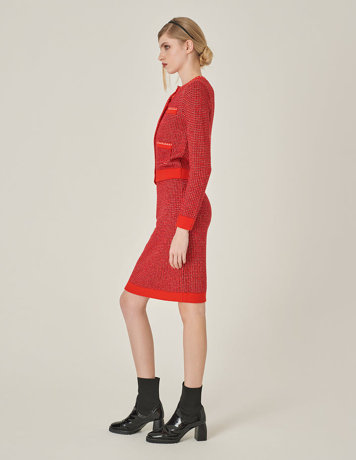 MARYLING Red Straight Fit Knit Midi Pencil Skirt