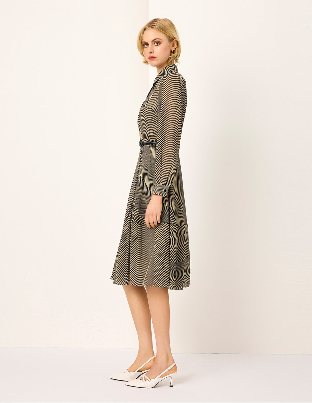 MARYLING Black Striped Print Midi Shirt Dress