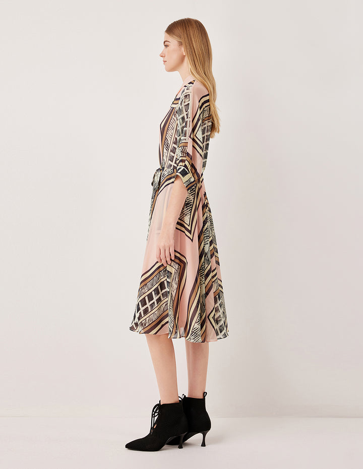 MARYLING Collared Long Sleeve Belted Geometric Print Pleated Midi Shirt Dress