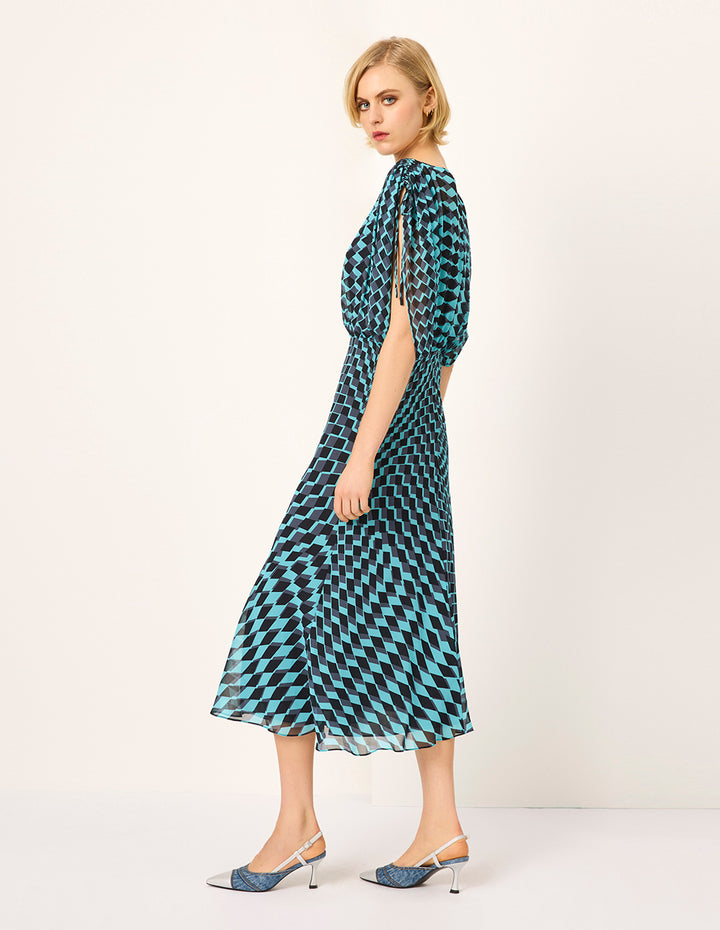 MARYLING Round Neck Short-Sleeve Geometric Print Empire-Waist Midi Dress