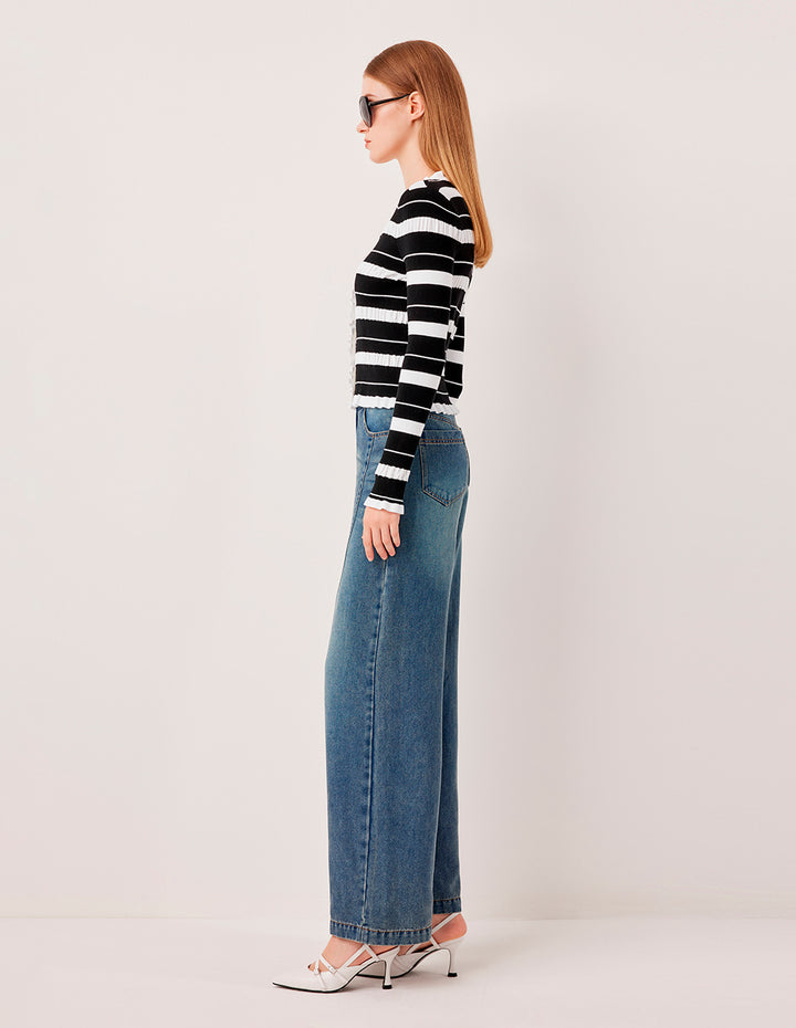 MARYLING V-neck Long-Sleeve Pleated Black And White Striped Contrast knitted cardigan