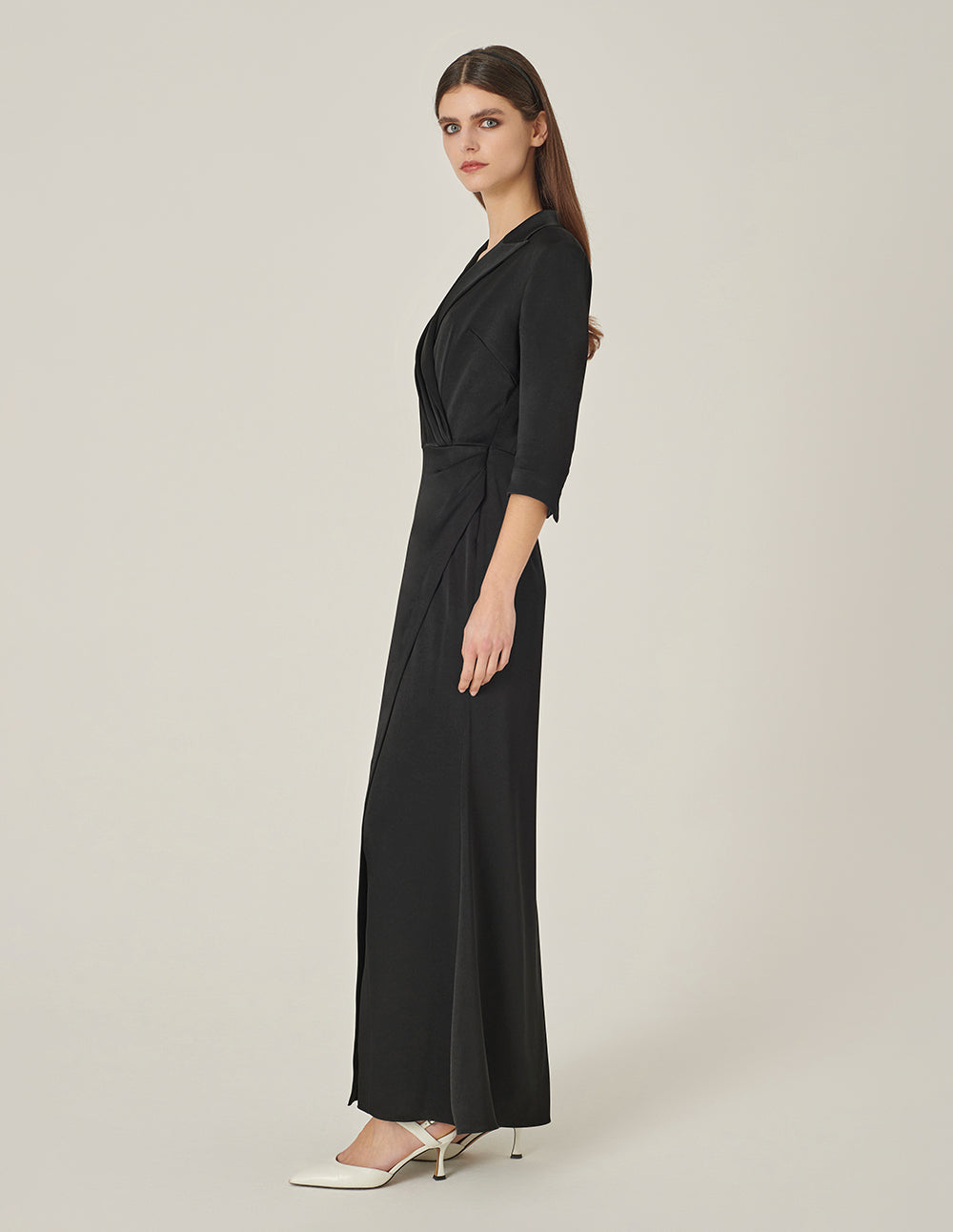 MARYLING Black Lapel Mid-Sleeve Slit Fishtail Evening-Dress