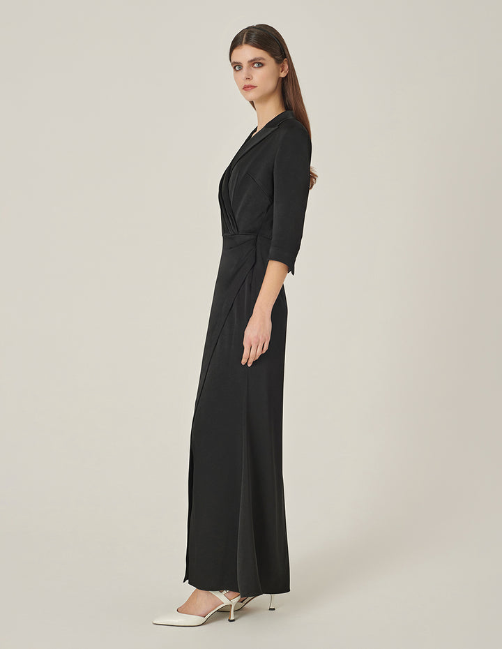 MARYLING Black Lapel Mid-Sleeve Slit Fishtail Evening-Dress