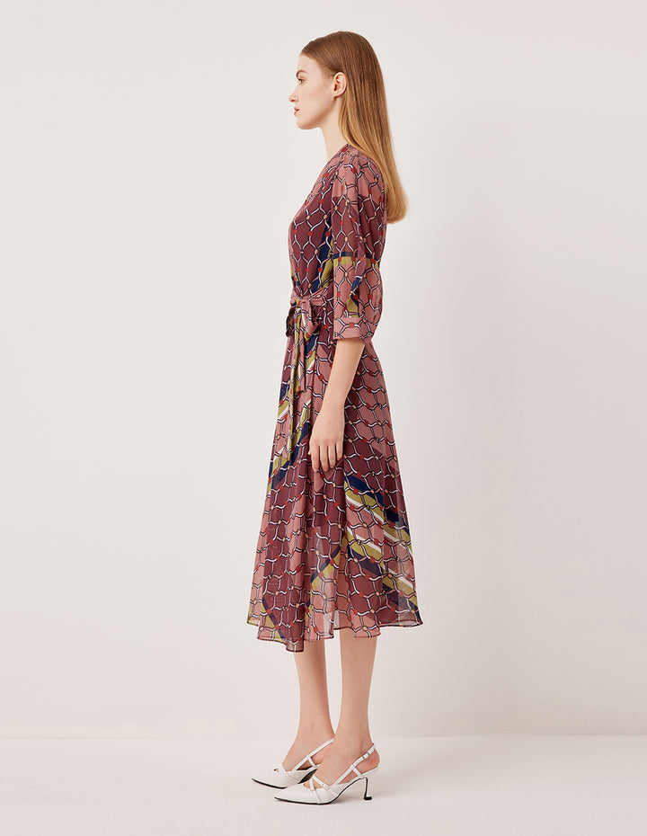 MARYLING V-Neck 3/4 Sleeve Wrap Midi Dress with Geometric Print