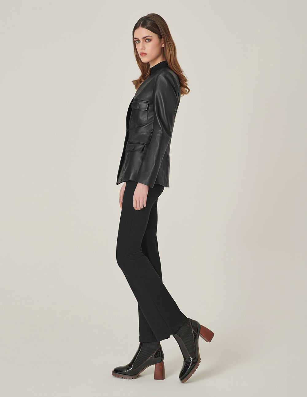 MARYLING Black Collarless Lambskin Blazer With Multiple Pockets