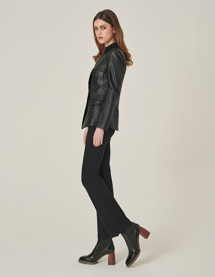 MARYLING Black Collarless Lambskin Blazer With Multiple Pockets