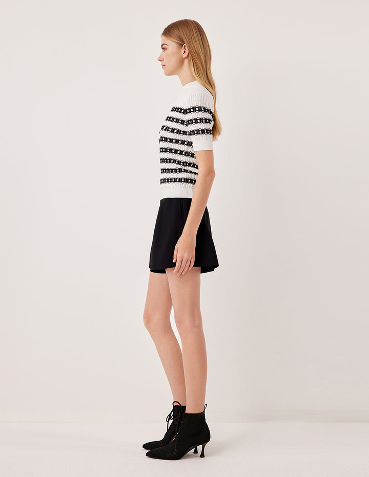 MARYLING Round Neck Short Sleeve Lace Textured Stripe Knit Top