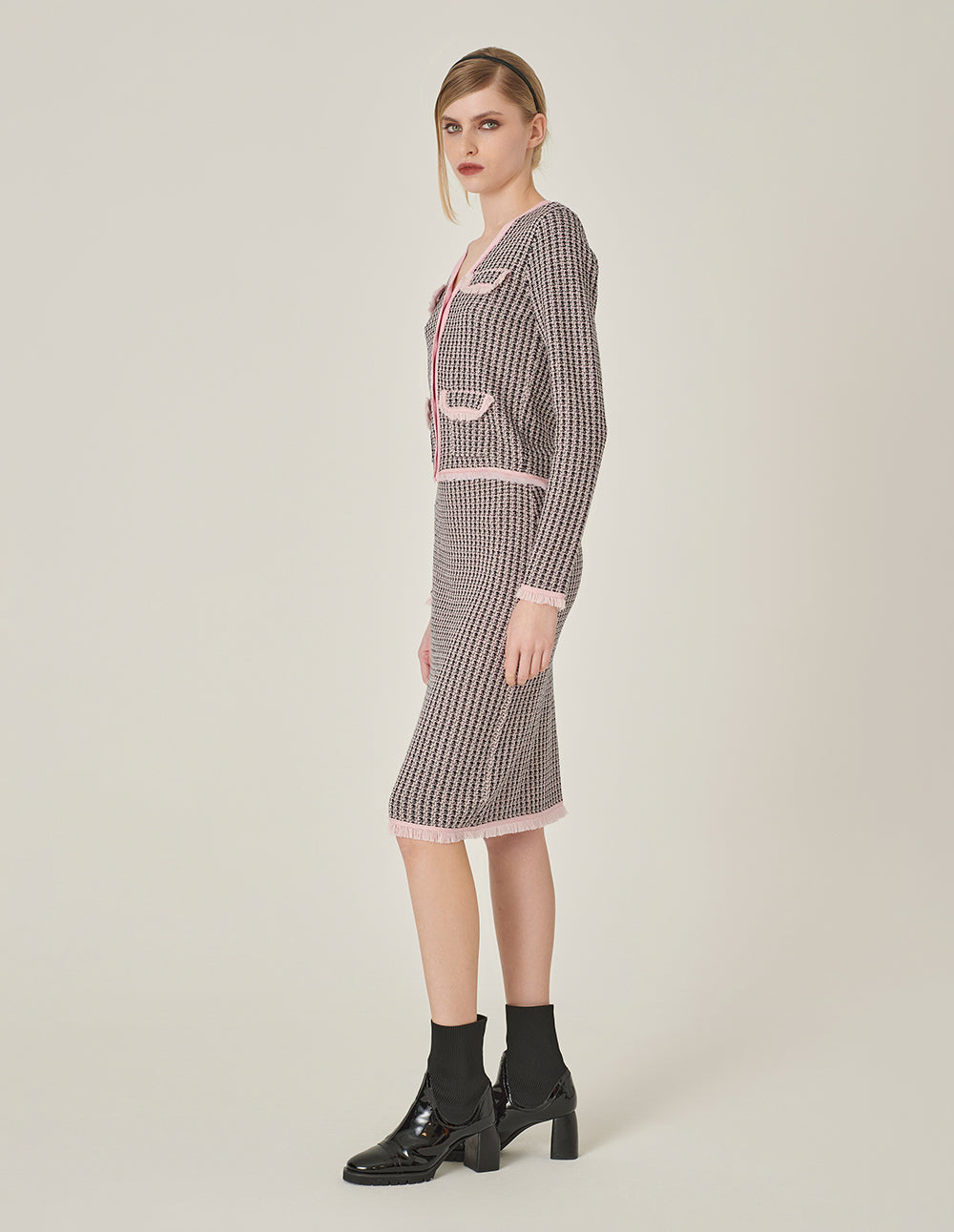 MARYLING Houndstooth Straight-Leg Knee-Length Wool Knitted Skirt