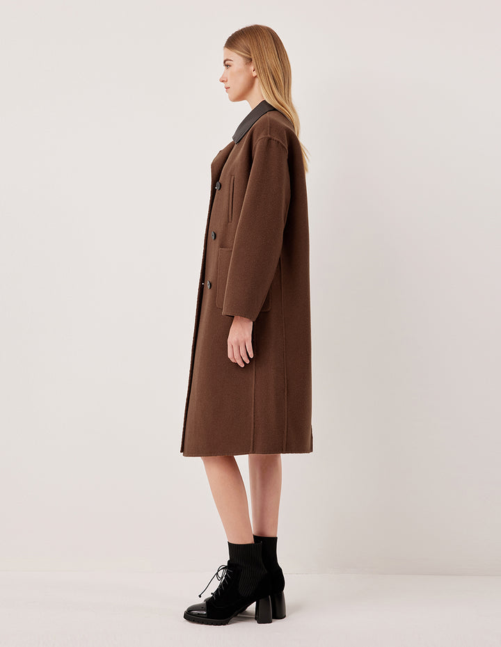 MARYLING Sheepskin Collar Patchwork Alpaca Double-Breasted H-Line Coat