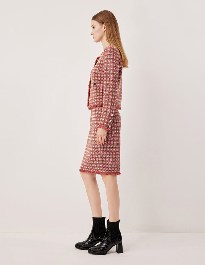 MARYLING Plaid Knit Pencil Skirt with Fringe Hem