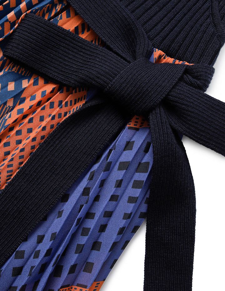 MARYLING Knitted Splicing Printed Floral Plated Midi Shirt Dress