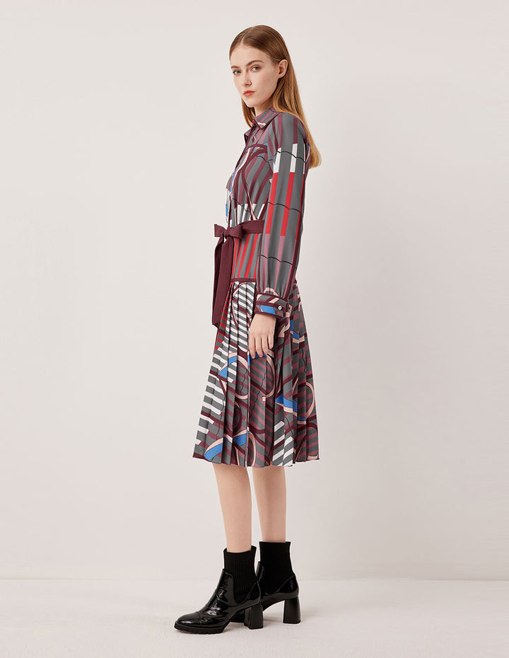 MARYLING Collared Pink-Purple Contrast Abstract Stripe Belted Long Shirt Dress