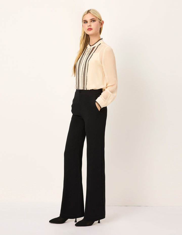 MARYLING Mandarin Collar Long-Sleeve Lace-Ruffle-Trim Silk Blouse