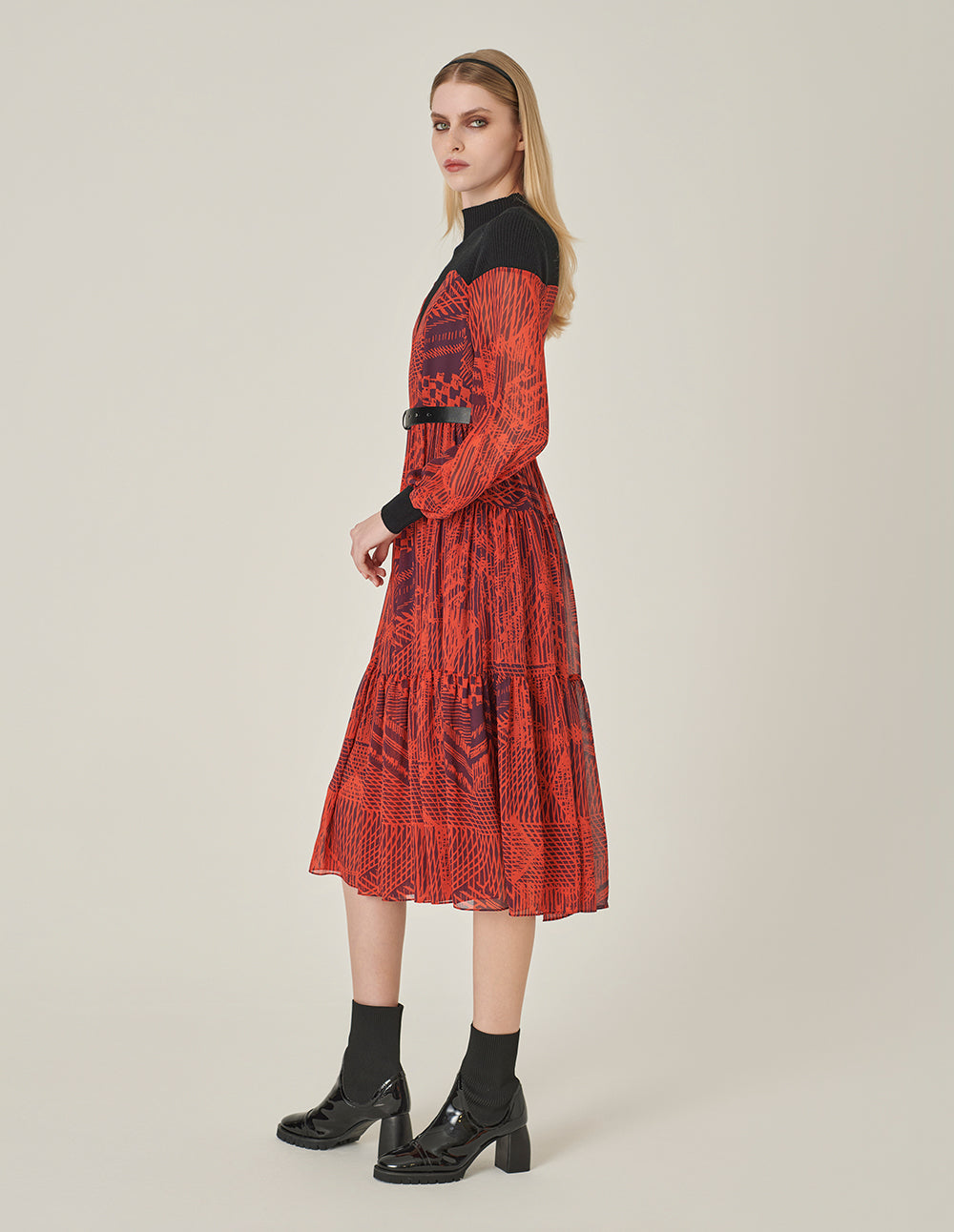 MARYLING Patchwork Knit Print Midi Dress