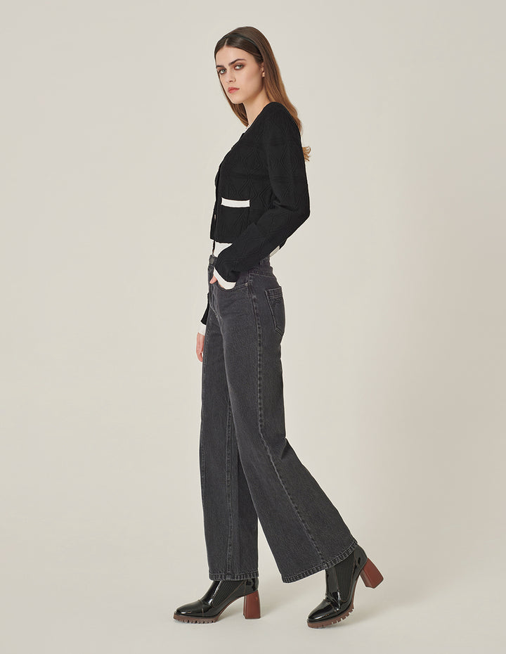 MARYLING Black And White Contrasting Round Neck Dark Pattern Knitted Cardigan