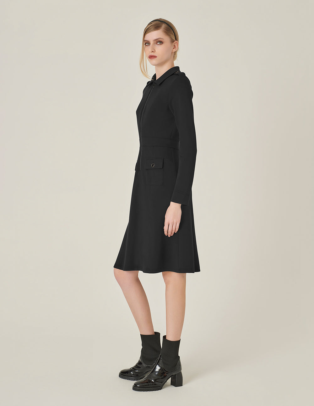 MARYLING Shirt Collar Long-Sleeve Shift Knitted Midi Dress