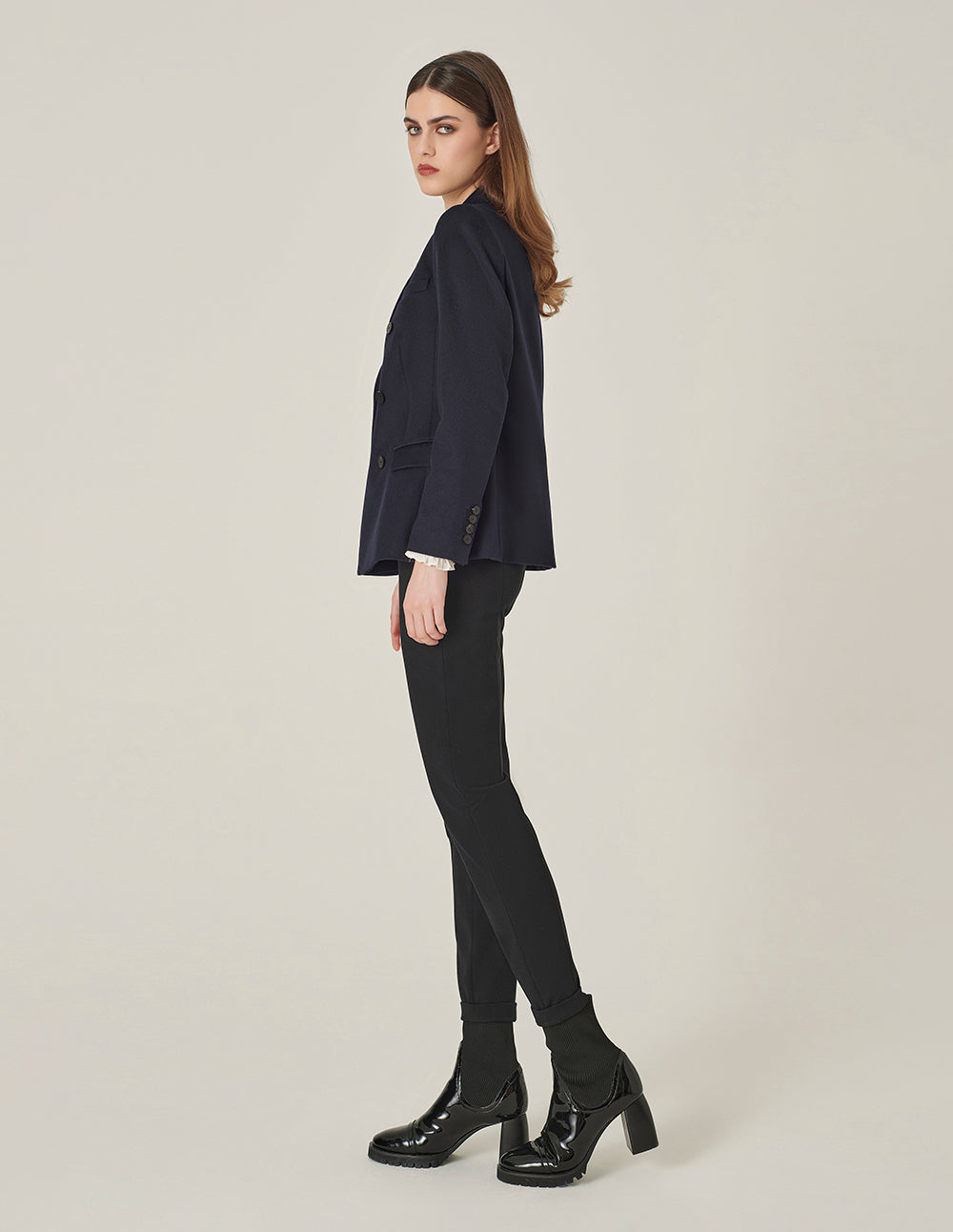 MARYLING Dark Blue Wool Lapel Double-Breasted Blazer