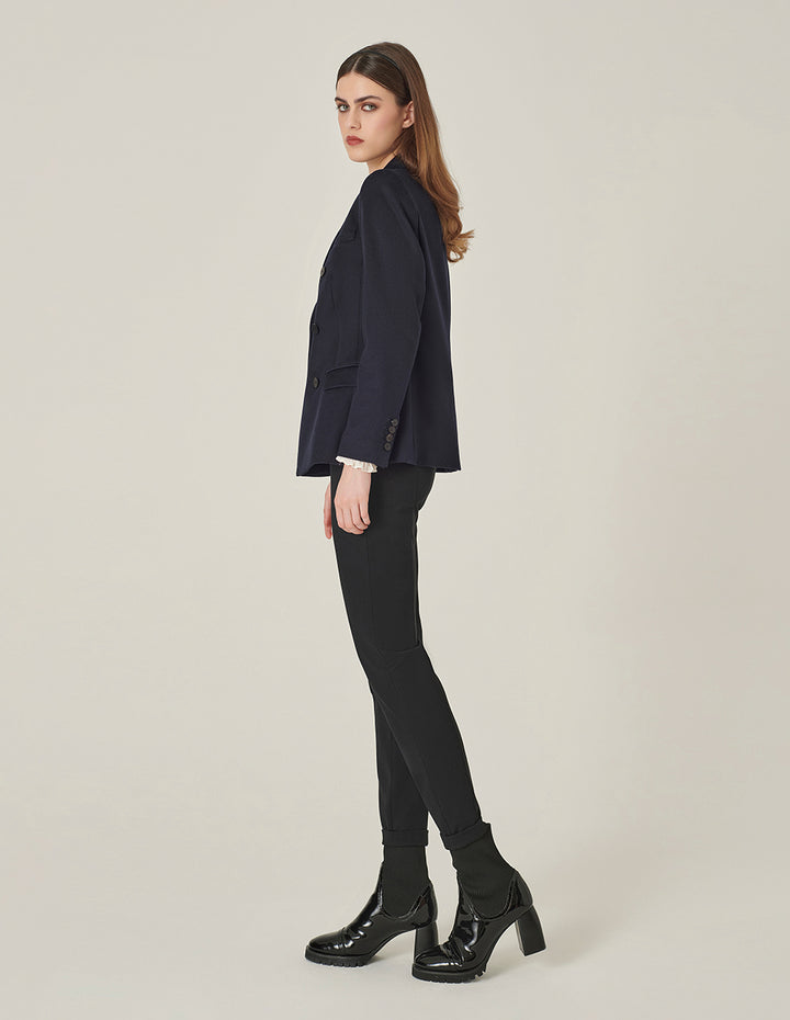 MARYLING Dark Blue Wool Lapel Double-Breasted Blazer