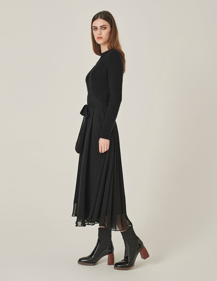 MARYLING Crew-Neck Long-Sleeve Empire Large-Hem Pleated Knitted Midi Dress