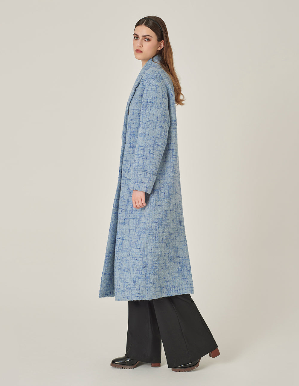 MARYLING Blue Loose Double-Breasted Long Tweed Wool Coat