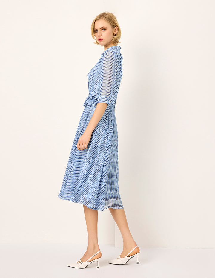 MARYLING Lapel Stripe Print Empire-Waist Pleated Midi Wrap Dress